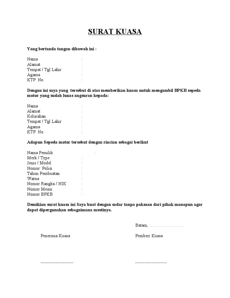 Detail Surat Kuasa Untuk Pengambilan Bpkb Nomer 8