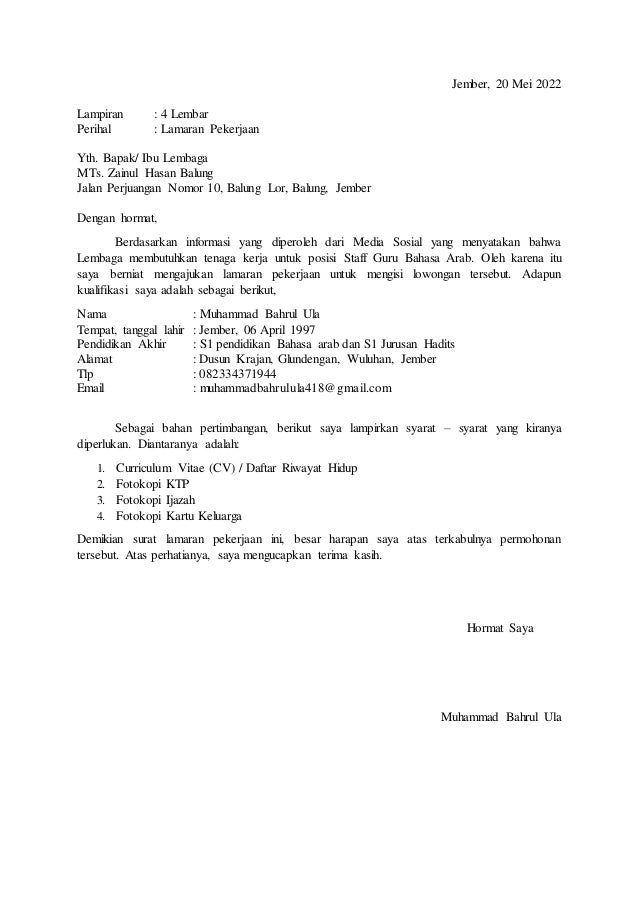 Detail Surat Lamaran Kerja Bahasa Arab Nomer 14