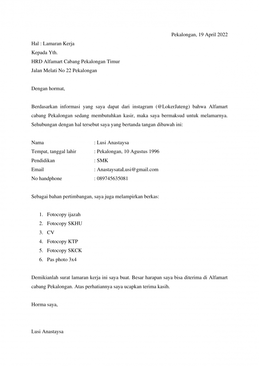 Detail Surat Lamaran Untuk Alfamart Nomer 14