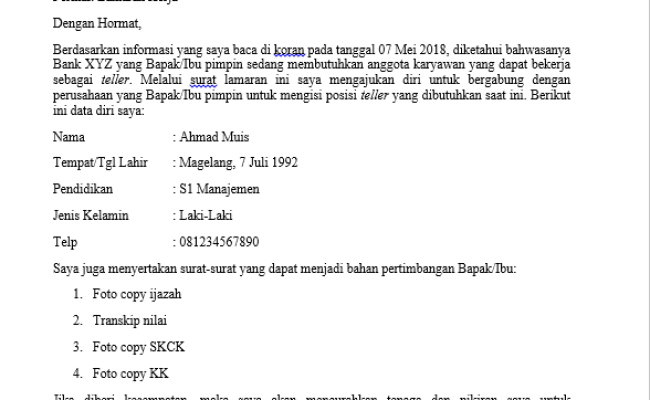 Detail Surat Lamaran Untuk Bank Nomer 22