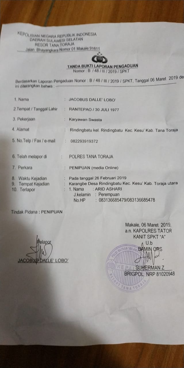 Detail Surat Laporan Penipuan Online Nomer 35