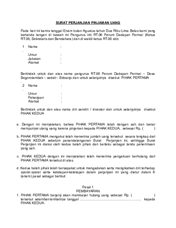 Detail Surat Perjanjian Pinjam Nama Untuk Kredit Bank Nomer 32