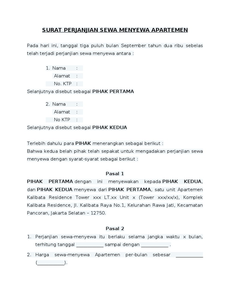 Detail Surat Perjanjian Sewa Apartemen Nomer 9