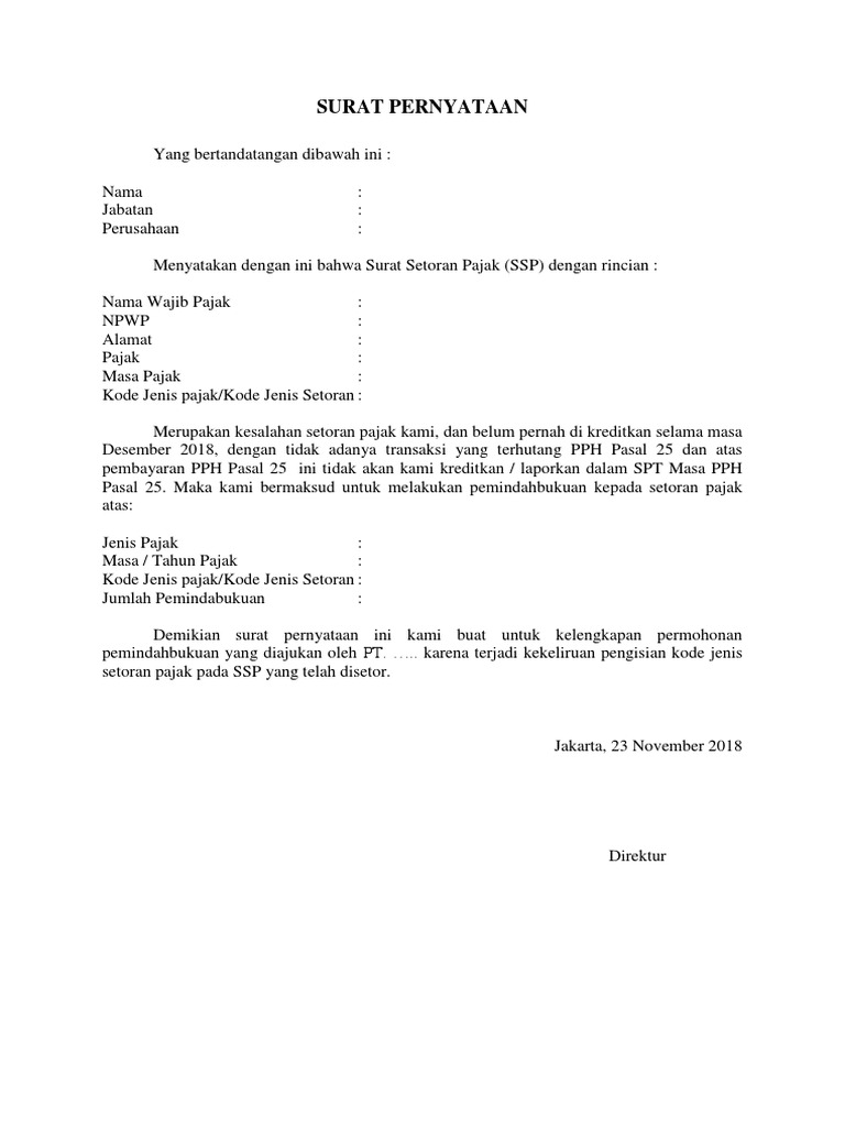 Detail Surat Pernyataan Pemindahbukuan Pajak Nomer 2
