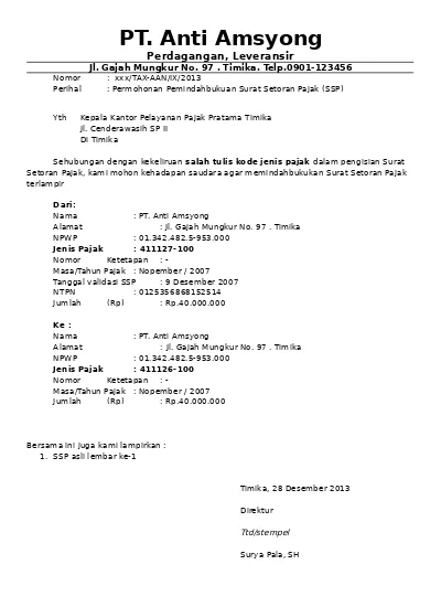 Detail Surat Pernyataan Pemindahbukuan Pajak Nomer 18