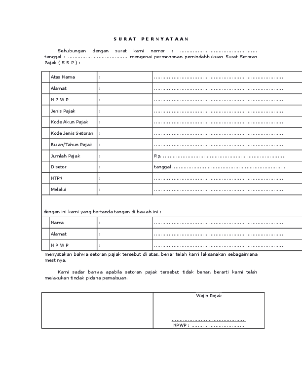 Detail Surat Pernyataan Pemindahbukuan Pajak Nomer 29