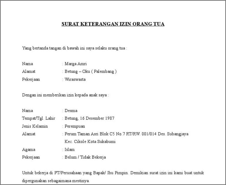 Detail Surat Pernyataan Persetujuan Orang Tua Nomer 6