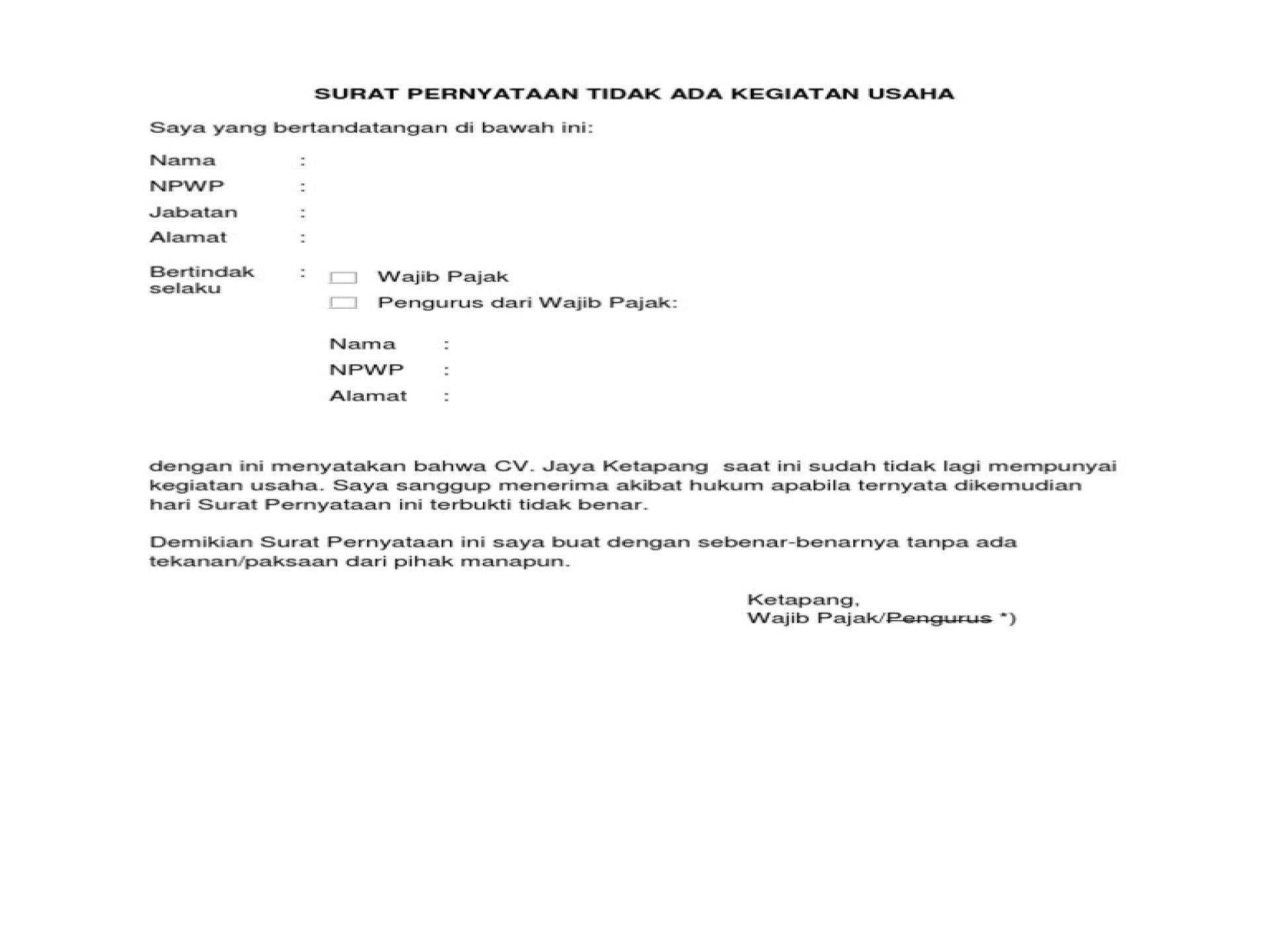 Detail Surat Pernyataan Tidak Ada Kegiatan Usaha Nomer 14