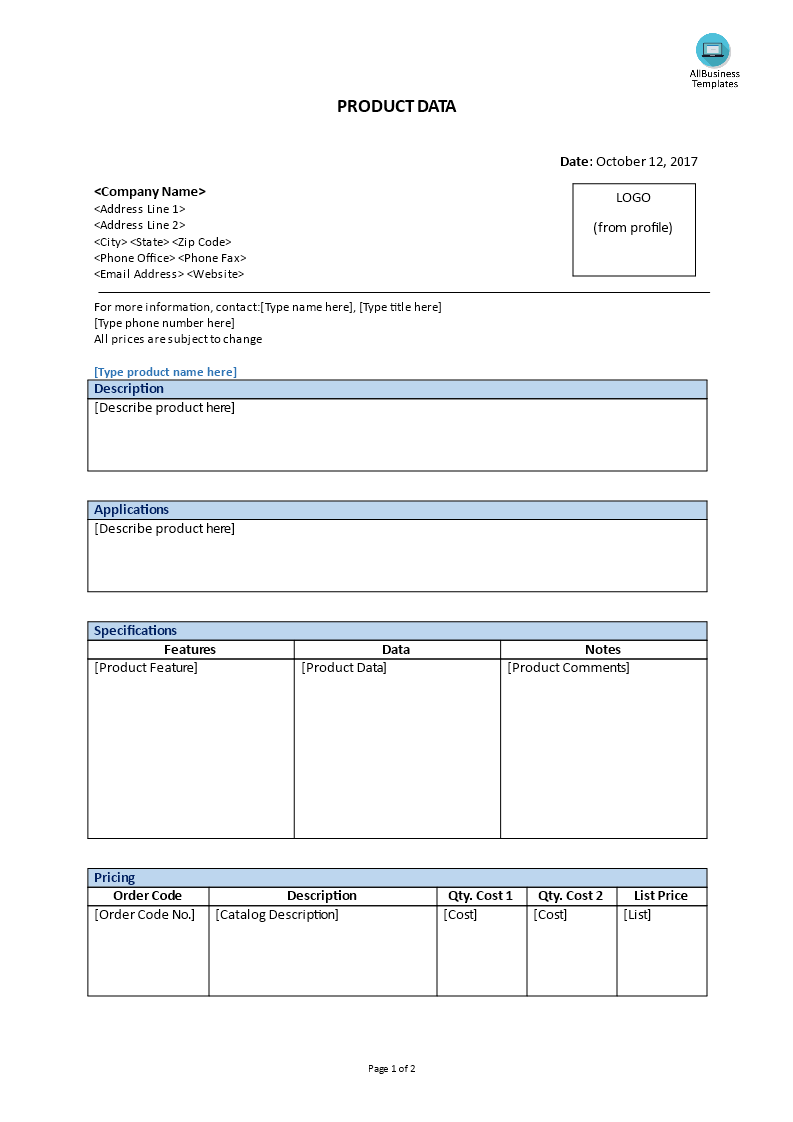 Detail Template Technical Data Sheet Nomer 37