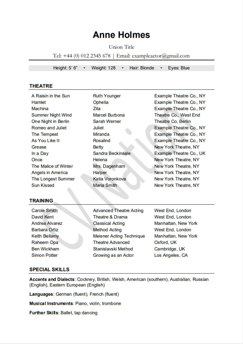 Detail Theatre Resume Template Nomer 41