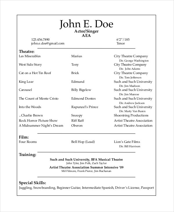 Detail Theatre Resume Template Nomer 8