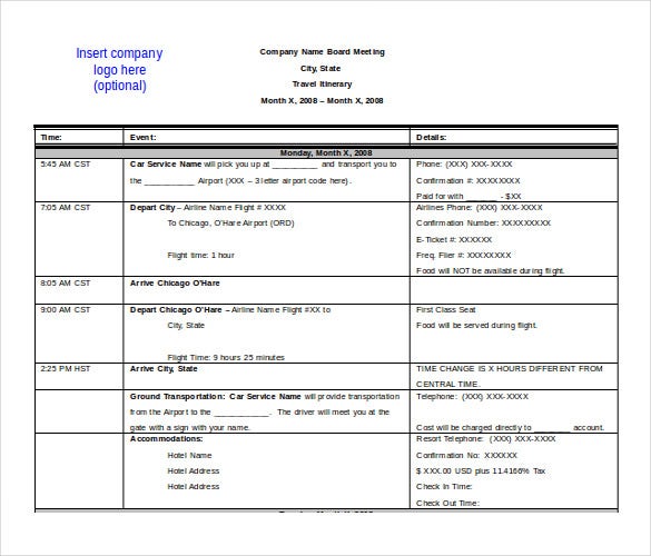 Detail Travel Itinerary Template Word Nomer 6