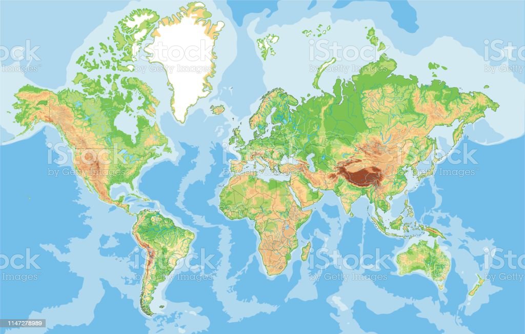 Highly Detailed Physical World Map Stock Illustration - Download Image Now - Istock