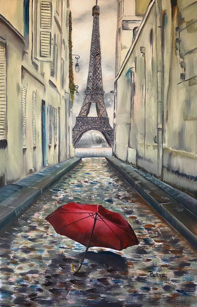 Detail Eiffel Tower Red Umbrella Painting Nomer 6