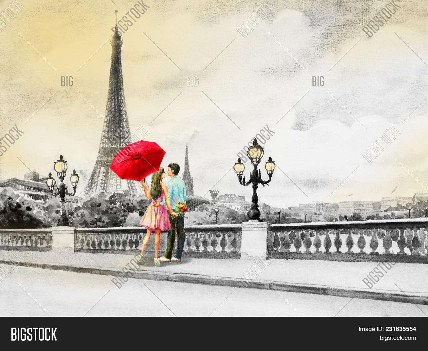 Detail Eiffel Tower Red Umbrella Painting Nomer 55
