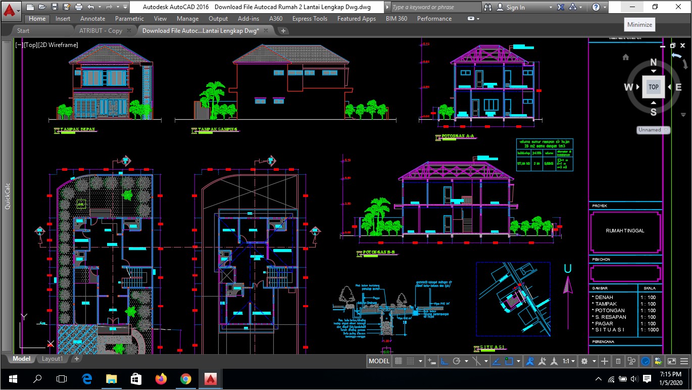 Detail File Gambar Rumah 1 Lantai Dan 2 Lantai Format Acad Nomer 20