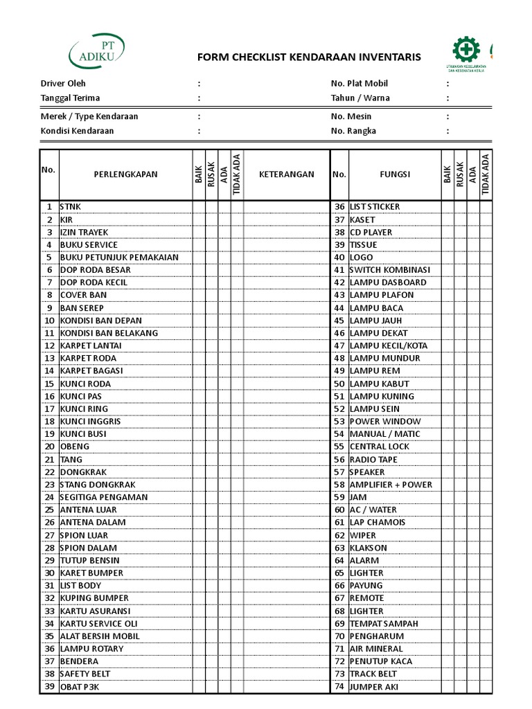 Detail Form Checklist Pemeriksaan Kendaraan Koleksi Nomer 16