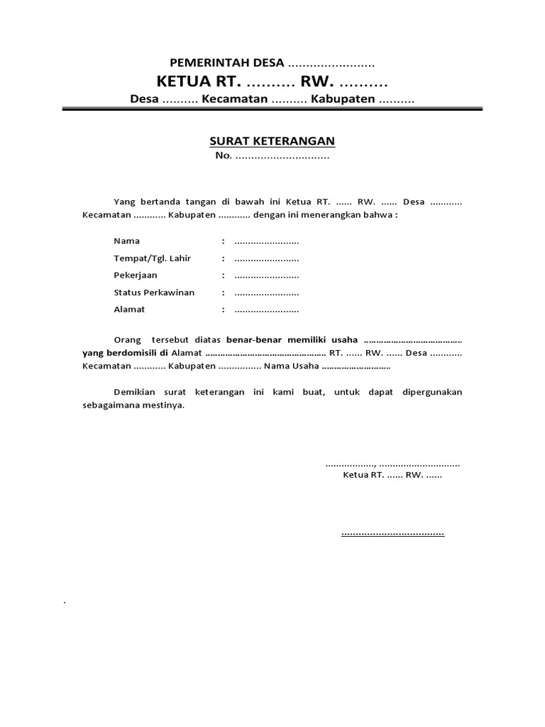 Detail Form Surat Keterangan Usaha Nomer 27