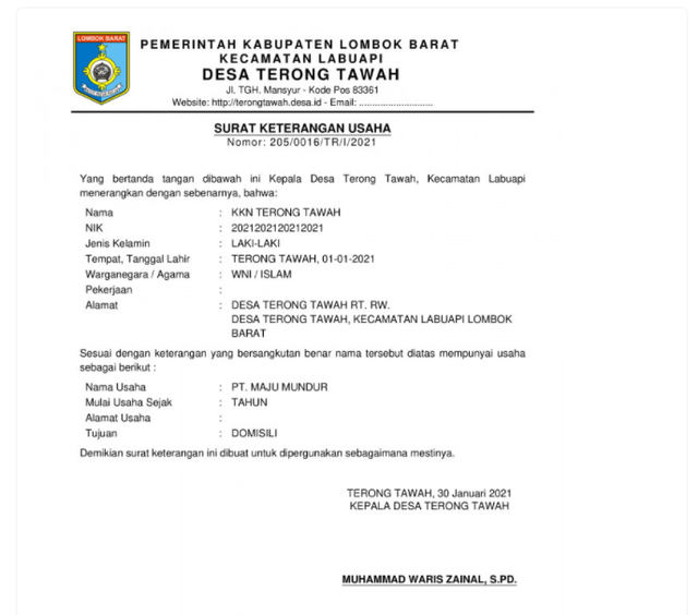 Detail Form Surat Keterangan Usaha Nomer 4