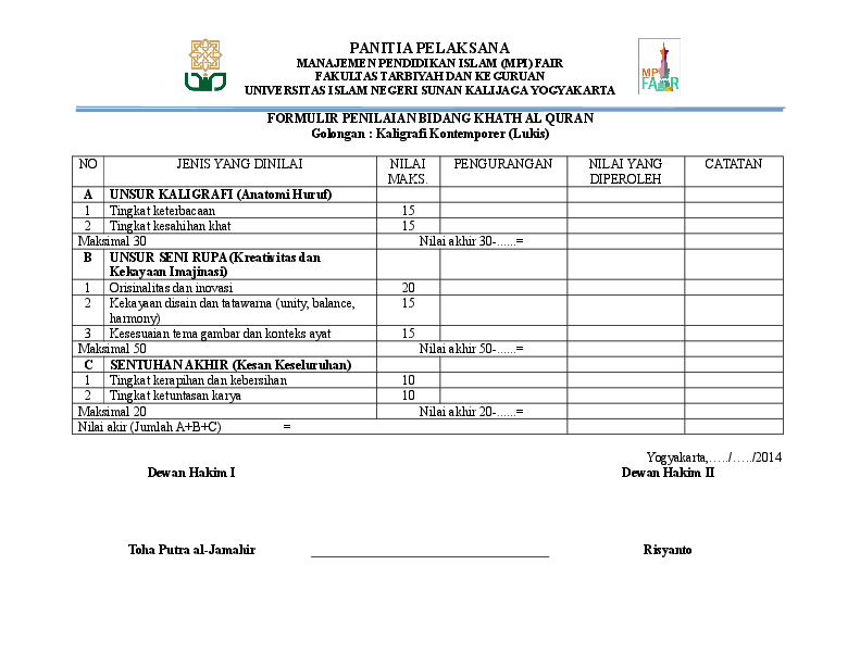 Detail Format Penilaian Kaligrafi Nomer 4