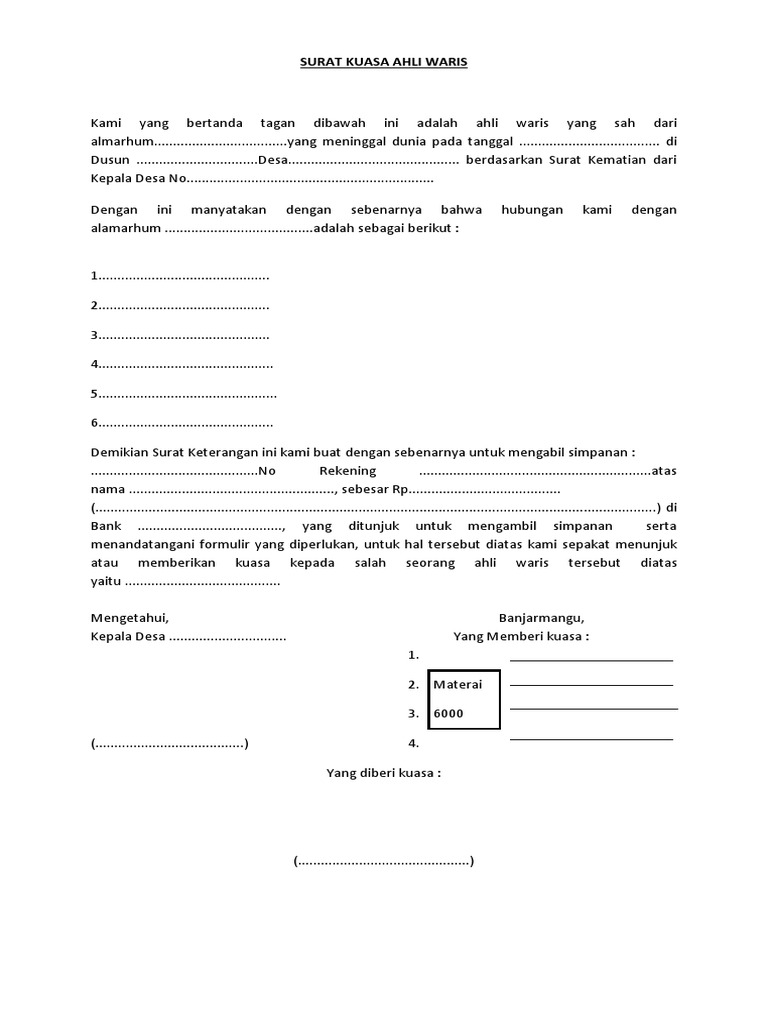 Detail Format Surat Ahli Waris Nomer 52