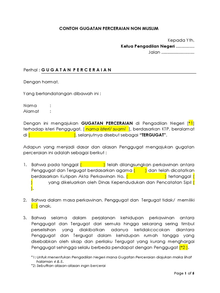 Format Surat Gugatan Cerai Pengadilan Negeri - KibrisPDR