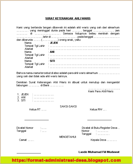 Detail Format Surat Keterangan Ahli Waris Nomer 8