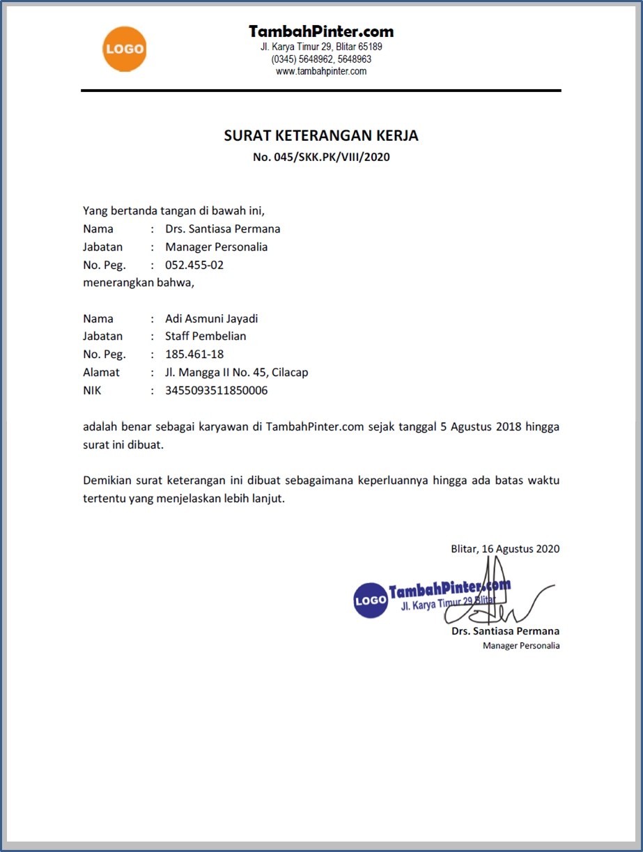 Detail Format Surat Keterangan Kerja Nomer 12