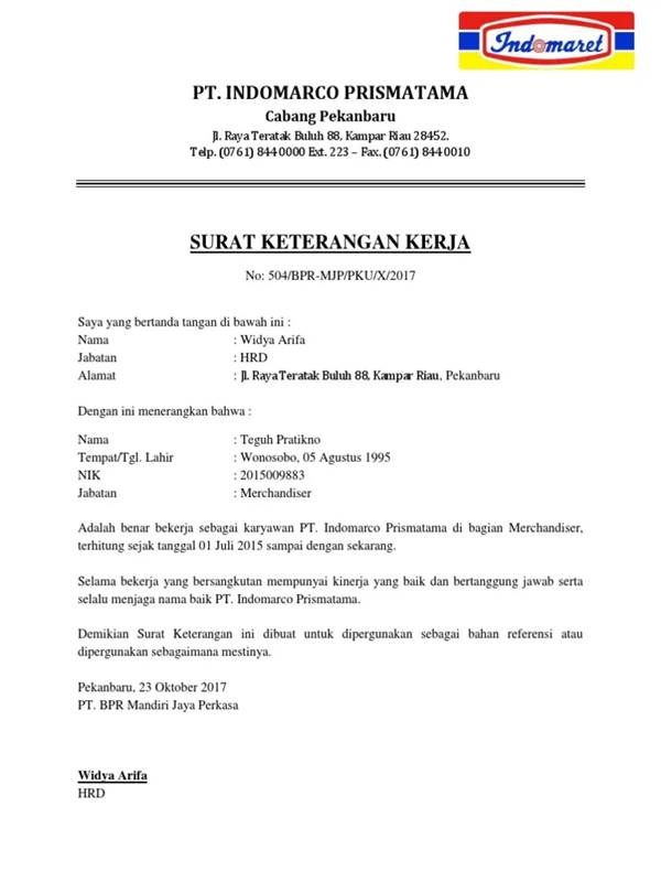 Detail Format Surat Keterangan Kerja Nomer 7