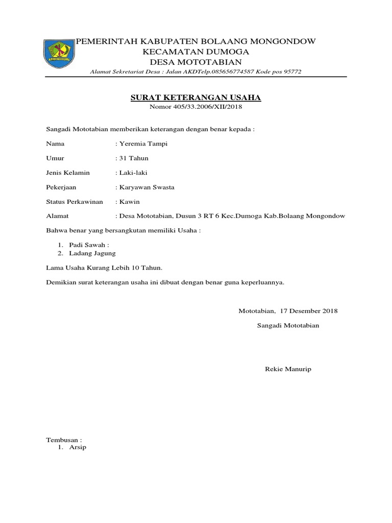 Detail Format Surat Keterangan Usaha Nomer 24