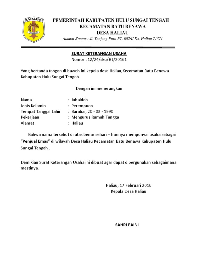 Detail Format Surat Keterangan Usaha Nomer 38