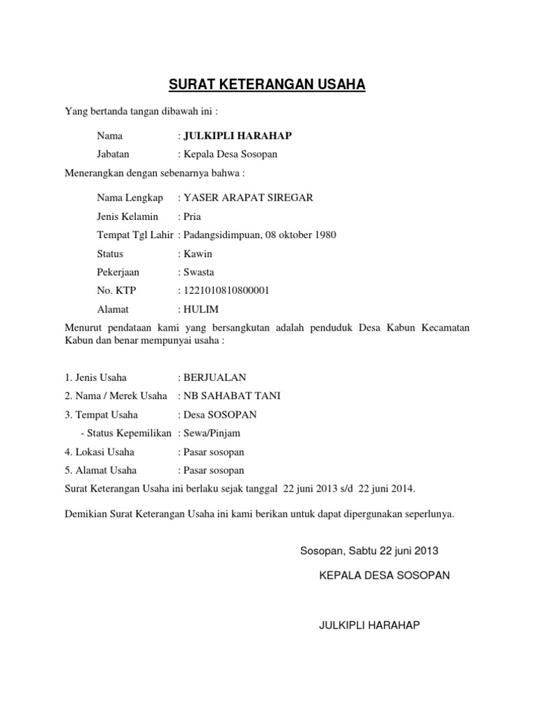 Detail Format Surat Keterangan Usaha Nomer 55