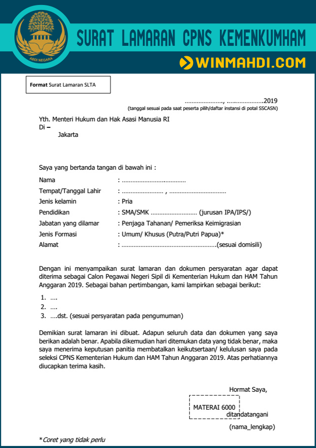 Download Format Surat Lamaran Cpns 2019 Kemenkumham Nomer 11