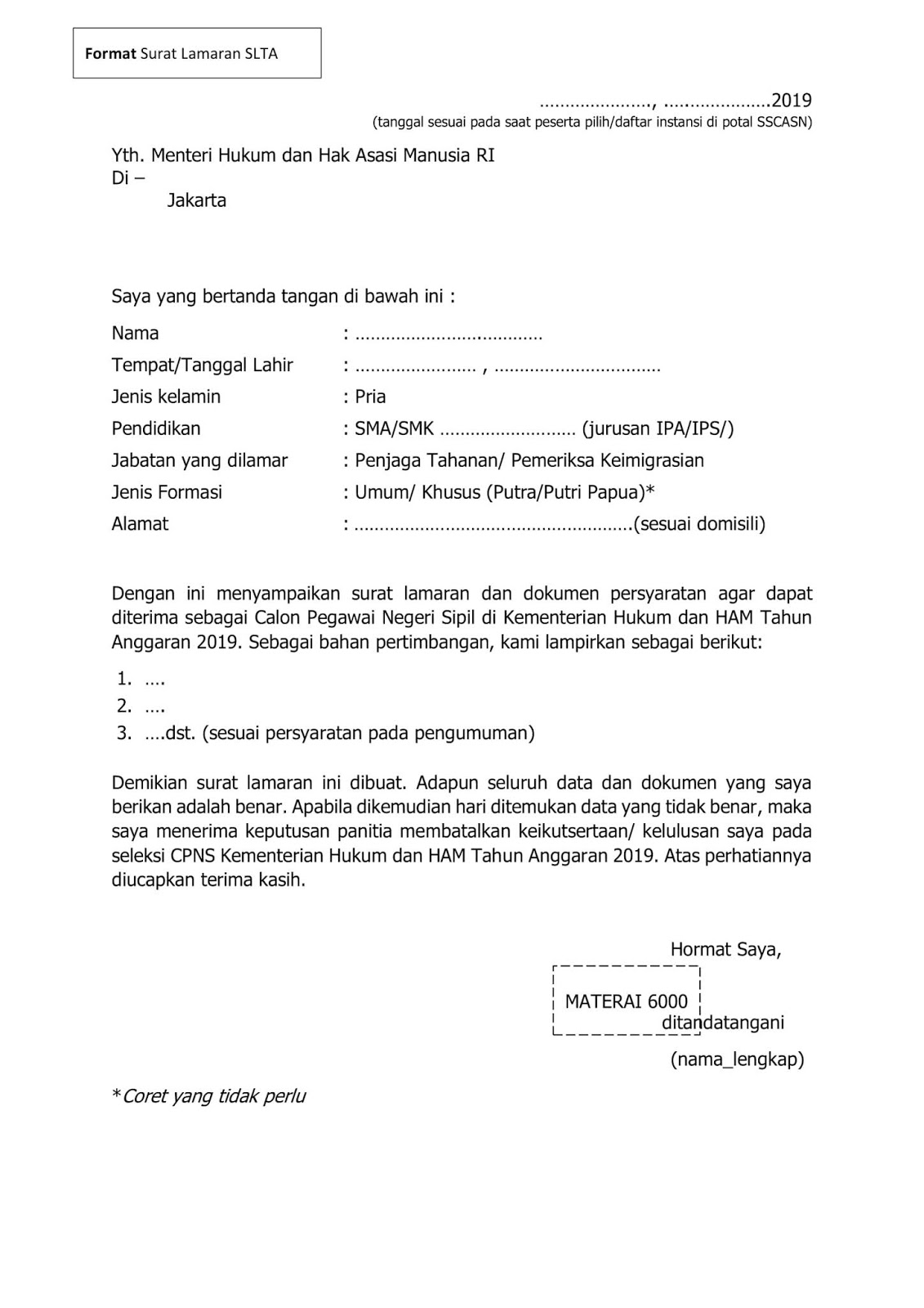 Detail Format Surat Lamaran Cpns 2019 Kemenkumham Nomer 4