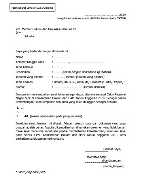 Detail Format Surat Lamaran Cpns 2019 Kemenkumham Nomer 50