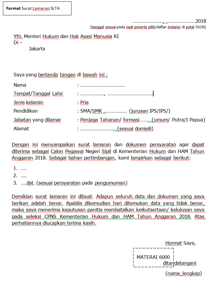 Download Format Surat Lamaran Cpns 2019 Kemenkumham Nomer 6