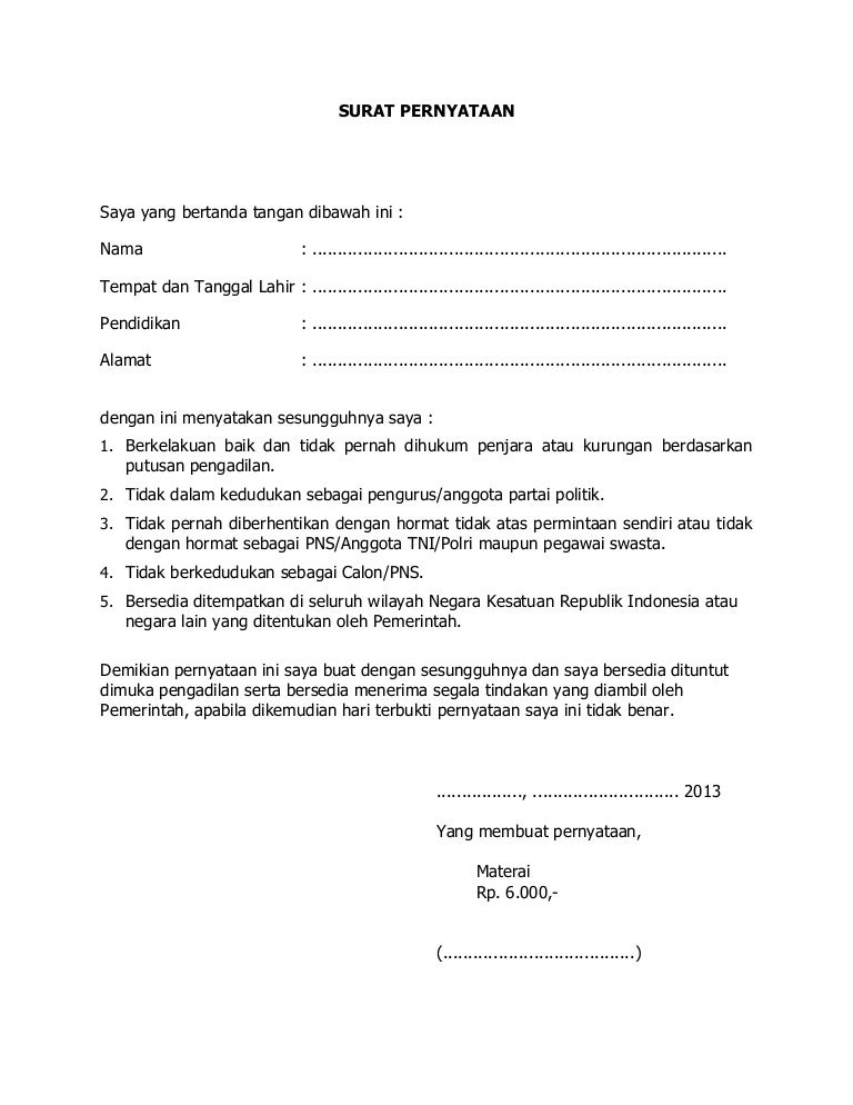 Detail Format Surat Pernyataan Nomer 6