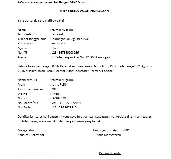 Detail Format Surat Pernyataan Kehilangan Nomer 12