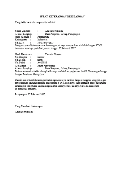 Detail Format Surat Pernyataan Kehilangan Nomer 13