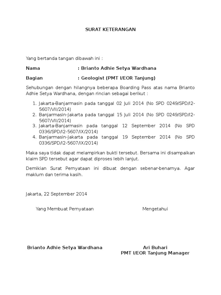 Detail Format Surat Pernyataan Kehilangan Nomer 18