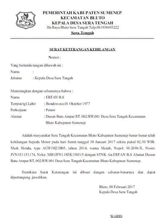 Detail Format Surat Pernyataan Kehilangan Nomer 22