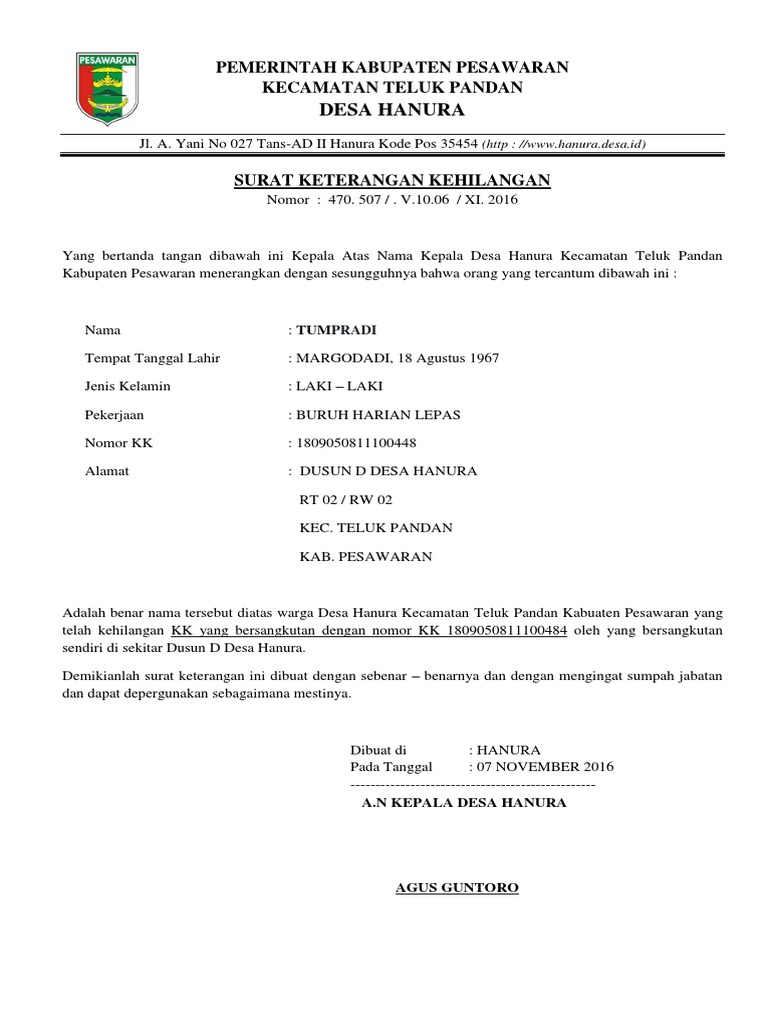 Detail Format Surat Pernyataan Kehilangan Nomer 26