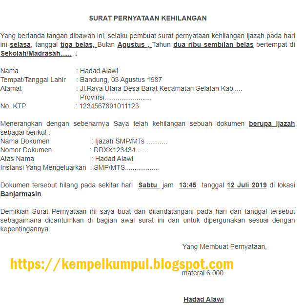 Detail Format Surat Pernyataan Kehilangan Nomer 35