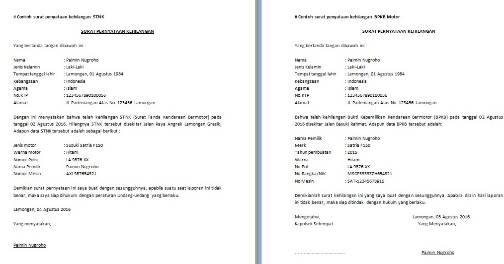 Detail Format Surat Pernyataan Kehilangan Nomer 44