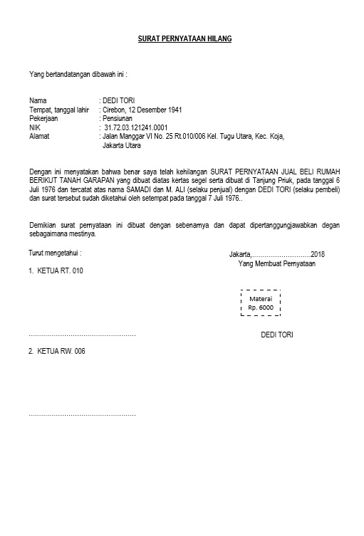 Detail Format Surat Pernyataan Kehilangan Nomer 45