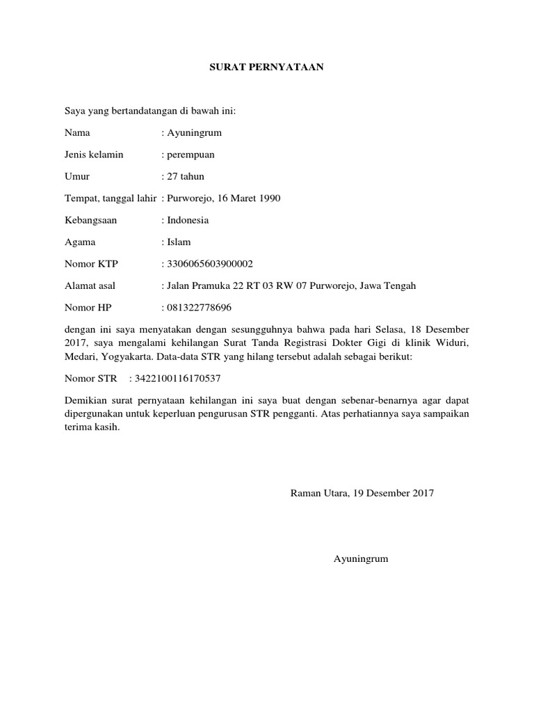 Detail Format Surat Pernyataan Kehilangan Nomer 9