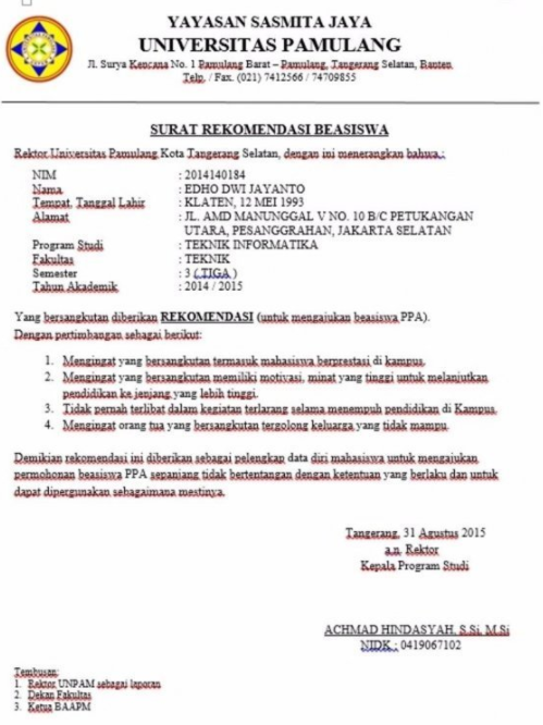 Detail Format Surat Rekomendasi Beasiswa Nomer 6