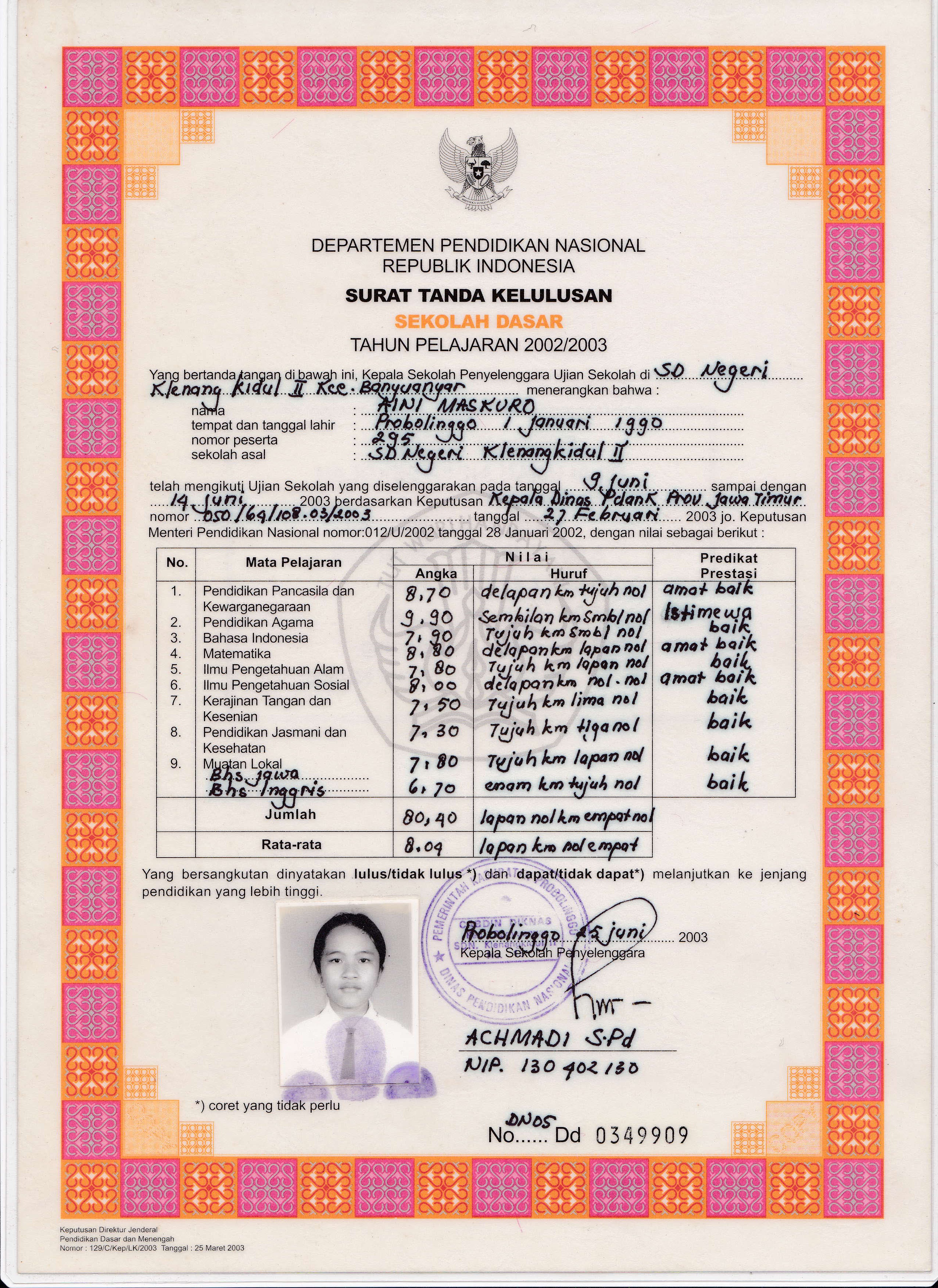 Detail Foto Ijazah Sd Perempuan Nomer 13