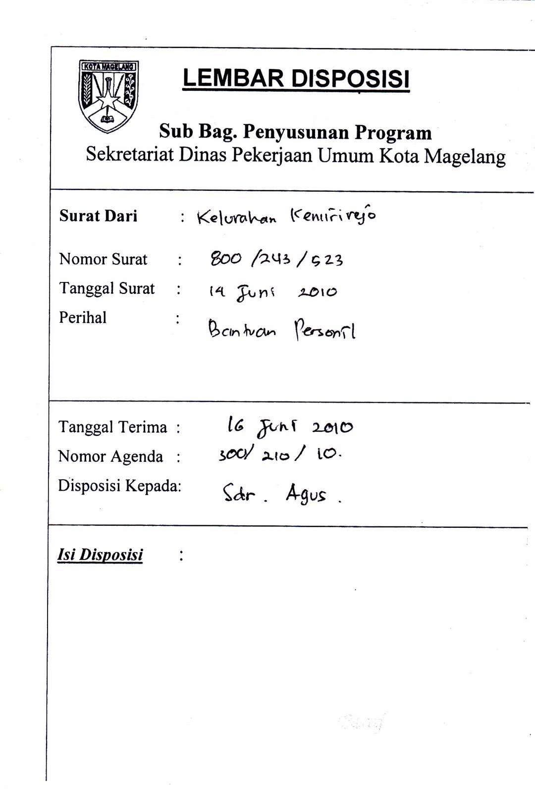 Detail Bentuk Surat Disposisi Nomer 8