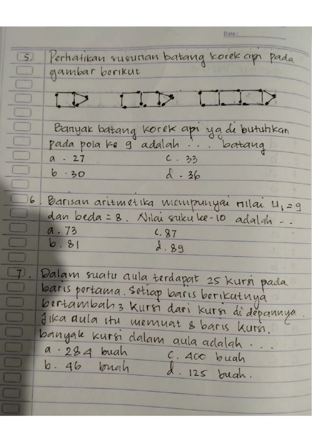 Detail Berdasarkan Gambar Banyaknya Batang Pada Pola Ke 6 Nomer 36